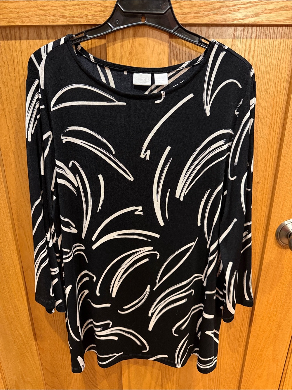 Chico's Black Top with White Abstract Brushstroke Print